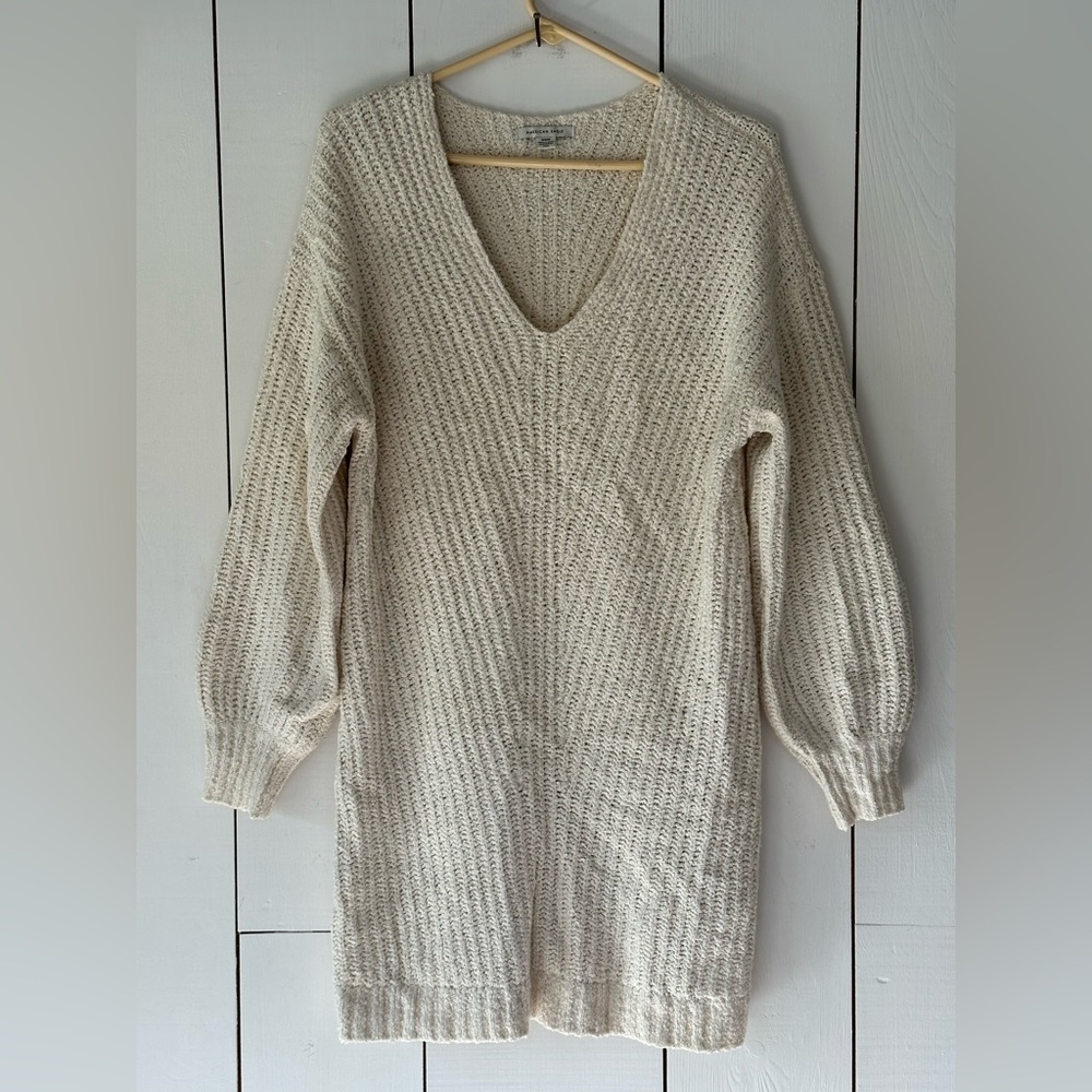 AE American Eagle V-Neck Knit Sweater Dress Sz M Cream Balloon Sleeve